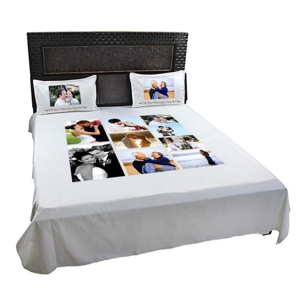 Personalized 8 Photo Collage Double Bedsheet with Pillow Covers