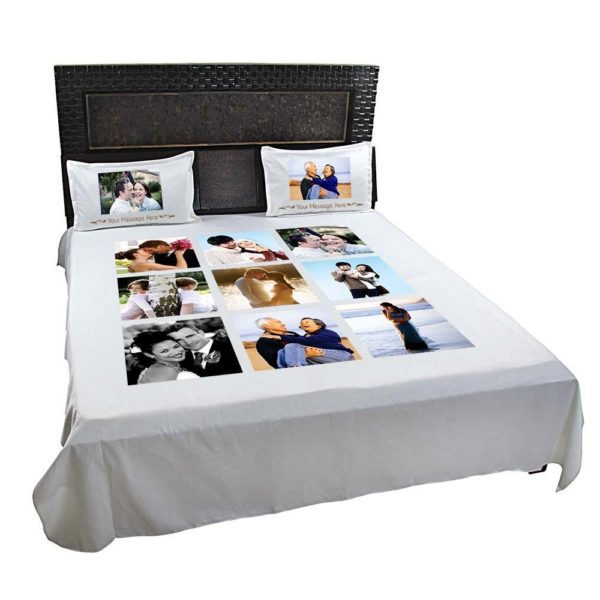 Personalized 8 Photo Collage Double Bedsheet with Pillow Covers