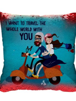 Valentine Gifts for Boyfriend Husband Magic Cushion Cover Sequins Red I Want to Travel World with You Love Printed Throw Pillow