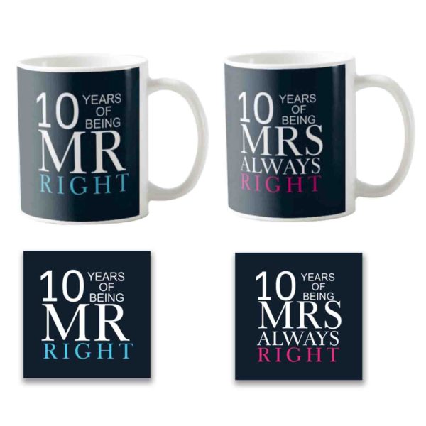 10th Anniversary Mr Right Mrs Always Right Couple Coffee Mugs Set of 2