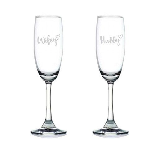 Gifts for Husband Wife for Couple Engraved Hubby Wifey Couple Champagne Flutes Set of 4 for Anniversary Husband Wife with Coasters - Duchess 165 ml