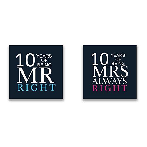 10th Anniversary Gifts, Mr Right Mrs Always Right Couple Coffee Mug Set of 2 with Coasters, Marriage Wedding Anniversary Gifts for Couples, Husband, Wife