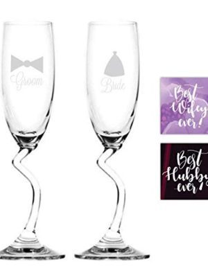 Wedding Gift for Husband Wife Engraved Champagne Flutes Bride Groom Set of 4