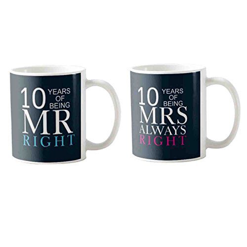 10th Anniversary Gifts, Mr Right Mrs Always Right Couple Coffee Mug Set of 2 with Coasters, Marriage Wedding Anniversary Gifts for Couples, Husband, Wife