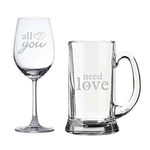 Yaya Cafe Valentines Special Gift for Husband Wife Engraved Beer Wine Glass All You Need is Love Set of 4