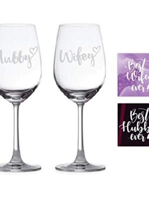 Anniversary Gifts for Couple, Hubby Wifey Engraved Wine Glass Set of 2 for Husband Wife with Coasters