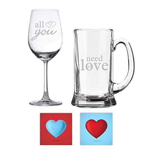 Yaya Cafe Valentines Special Gift for Husband Wife Engraved Beer Wine Glass All You Need is Love Set of 4