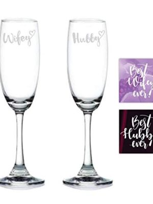 Gifts for Husband Wife for Couple Engraved Hubby Wifey Couple Champagne Flutes Set of 4 for Anniversary Husband Wife with Coasters - Duchess 165 ml