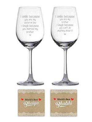 Yaya Cafe™ Anniversary Gifts for Brother Bhabhi Combo Wine Glasses Funny Teasing I Smile I Laugh, Coasters Set of 4