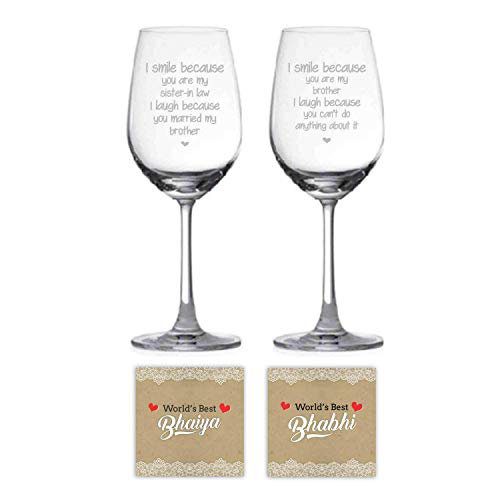 Yaya Cafe™ Anniversary Gifts for Brother Bhabhi Combo Wine Glasses Funny Teasing I Smile I Laugh, Coasters Set of 4