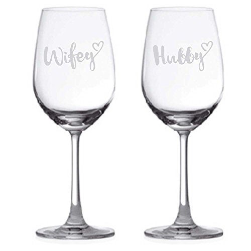 Anniversary Gifts for Couple, Hubby Wifey Engraved Wine Glass Set of 2 for Husband Wife with Coasters