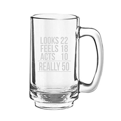 50th Birthday Gifts, Looks Feels Acts Really Engraved Beer Mug for Men - Playboy Beer 357 ml