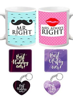 Valentine Gift Combo for Husband Wife Couple Mugs Mr Right Mrs Always Right with Coaster, Cushions