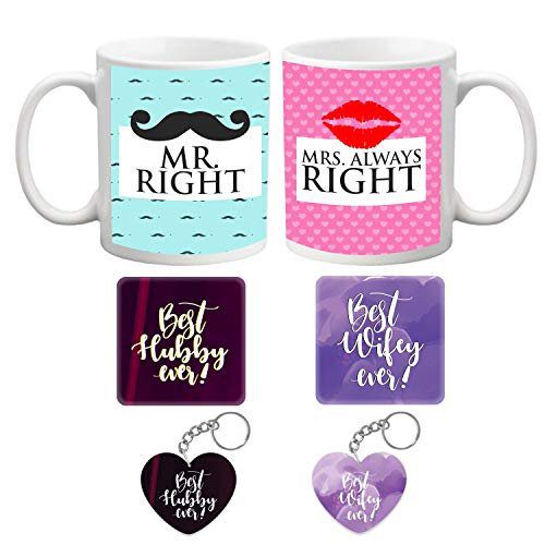 Valentine Gift Combo for Husband Wife Couple Mugs Mr Right Mrs Always Right with Coaster, Cushions