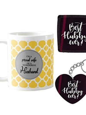 Anniversary Birthday Gifts for Husband Special Romantic, Proud Wife of Wonderful Husband Coffee Mugs for Husband Gift Combo Hamper Set of 3 with Mug, Coaster, Keychain