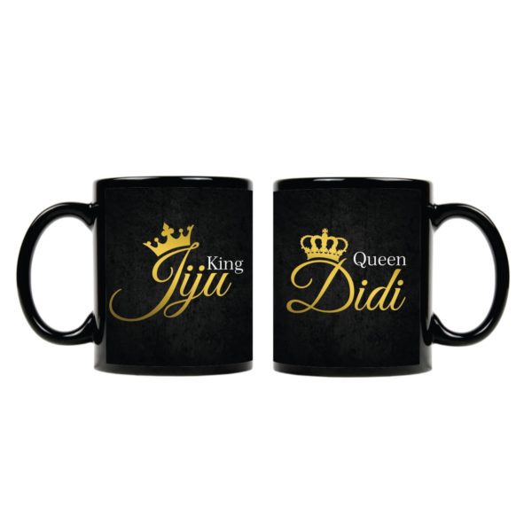 Ceramic Mugs With Coaster Didi and Jiju, - 7 Pieces, Black, 330 ml