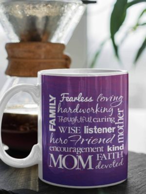 Fearless Hardworking Loving Hero Mom Ceramic Coffee Mug with Coaster (Purple)