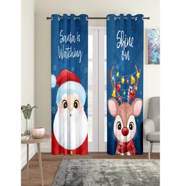 Santa and Reindeer Printed Christmas Curtain