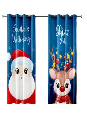 TheYaYaCafe Christmas Santa and Reindeer Printed Velvet Set of 2 Eyelet Door Curtain for Your Home, Living Room, Bedroom,