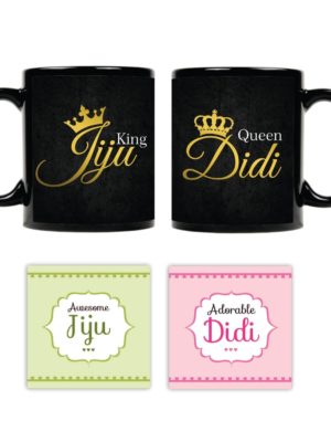 Ceramic Mugs With Coaster Didi and Jiju, - 7 Pieces, Black, 330 ml