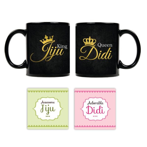 Ceramic Mugs With Coaster Didi and Jiju, - 7 Pieces, Black, 330 ml