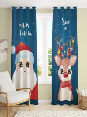 Santa and Reindeer Printed Christmas Curtain