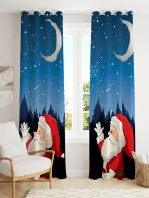 Santa Claus And Moon Printed Christmas Curtain