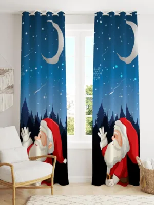 Santa Claus And Moon Printed Christmas Curtain