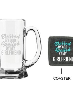 Engraved Blessed By God Spoiled By My Girlfriend Beer Mug