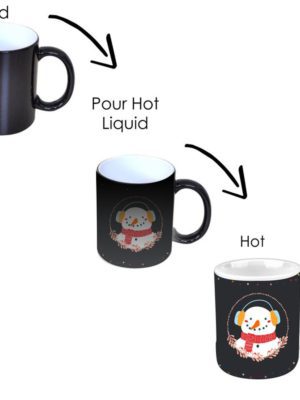 Christmas Gifts Magic Coffee Mug, 330 ml with Coaster (White) - Cute Musical Snow Man