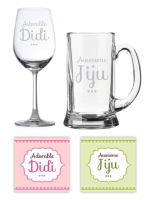 Engraved Awesome Jiju Adorable Didi Beer Mug And Wine Glass