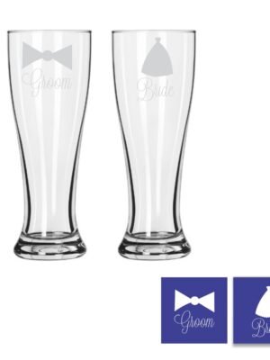 Engraved Bride and Groom Pilsner Beer Glass Set of 2