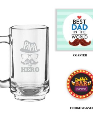 Engraved Hero Papa Dad Beer Mug with Fridge Magnet
