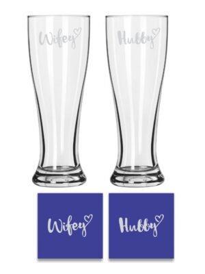 Engraved Hubby Wifey Pilsner Beer Glass Set of 2