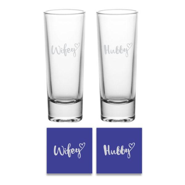 Engraved Hubby Wifey Shot Glasses Set of 2