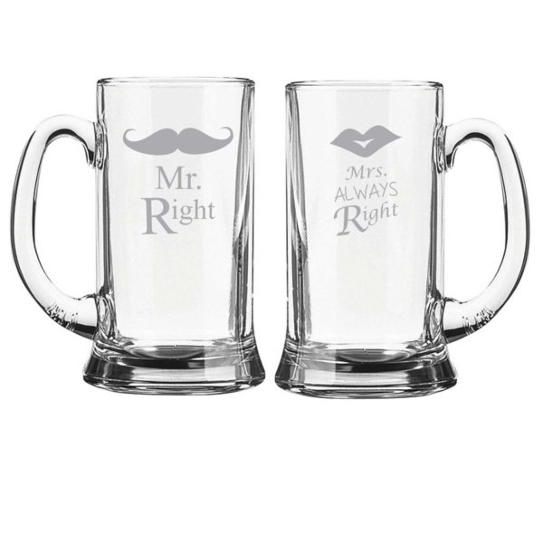 Engraved Mr Right Mrs Always Right Beer Mug Set of 2