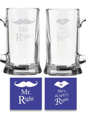 Engraved Mr Right Mrs Always Right Beer Mug Set of 2