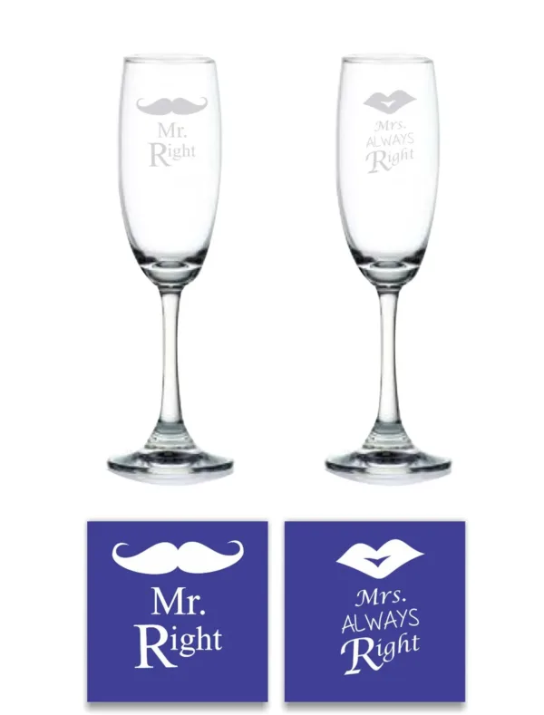 Engraved Mr Right Mrs Always Right Champagne Flutes Set of 2