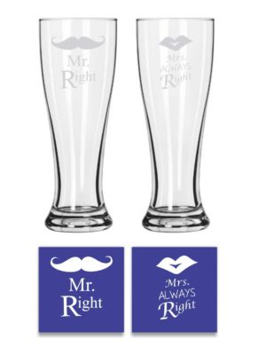 Engraved Mr Right Mrs Always Right Pilsner Beer Glass Set of 2