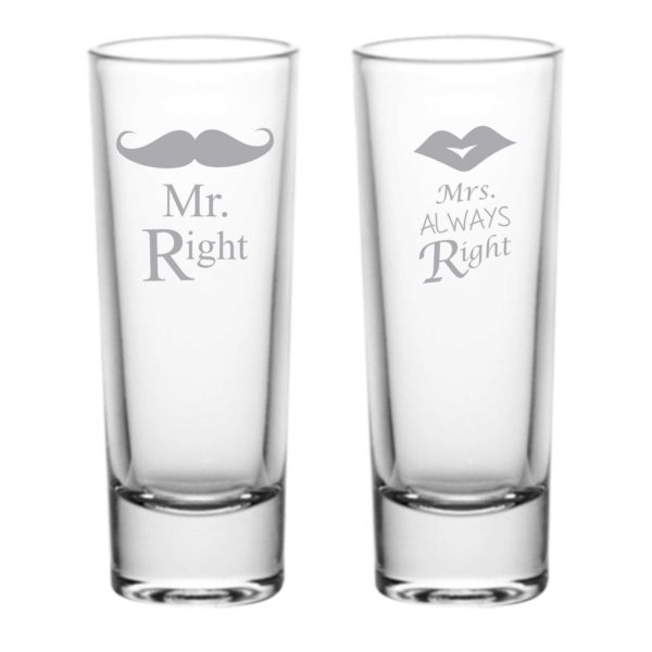 Engraved Mr Right Mrs Always Right Shot Glasses Set of 2