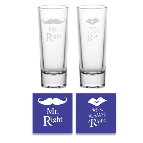 Engraved Mr Right Mrs Always Right Shot Glasses Set of 2