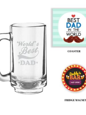 Engraved Worlds Best Dad Beer Mug with Fridge Magnet