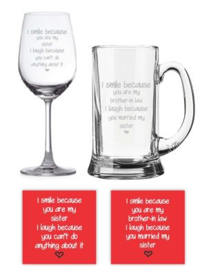 Engraved Funny I Smile I Laugh Bhaiya Bhabhi Beer Mug And Wine Glass