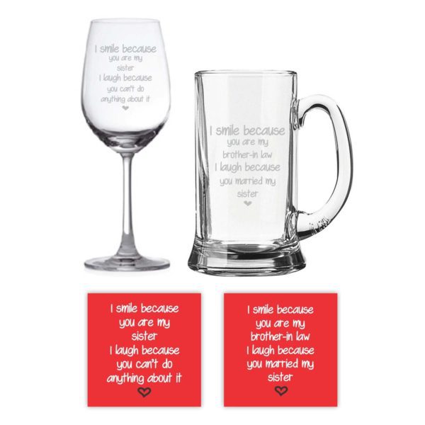 Engraved Funny I Smile I Laugh Bhaiya Bhabhi Beer Mug And Wine Glass