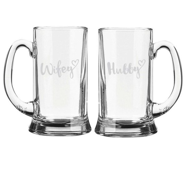 Engraved Hubby Wifey Beer Mug Set of 2