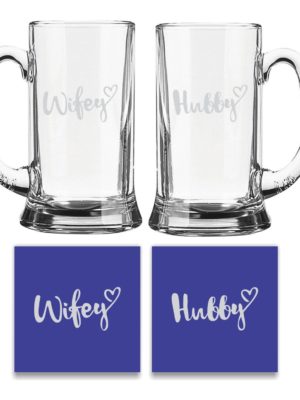 Engraved Hubby Wifey Beer Mug Set of 2