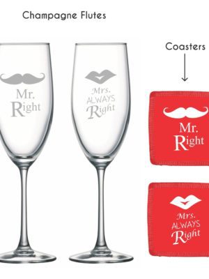 Engraved Mr Right Mrs Always Right Champagne Flutes Set of 2