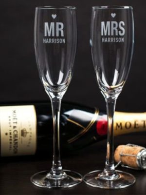 Personalised Mr. and Mrs. engraved Champagne Flutes