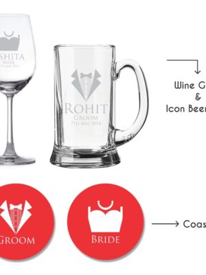 Personalised Bride and Groom Wedding Wine Glass & Beer Mug