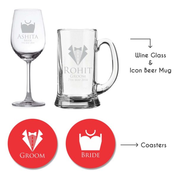 Personalised Bride and Groom Wedding Wine Glass & Beer Mug